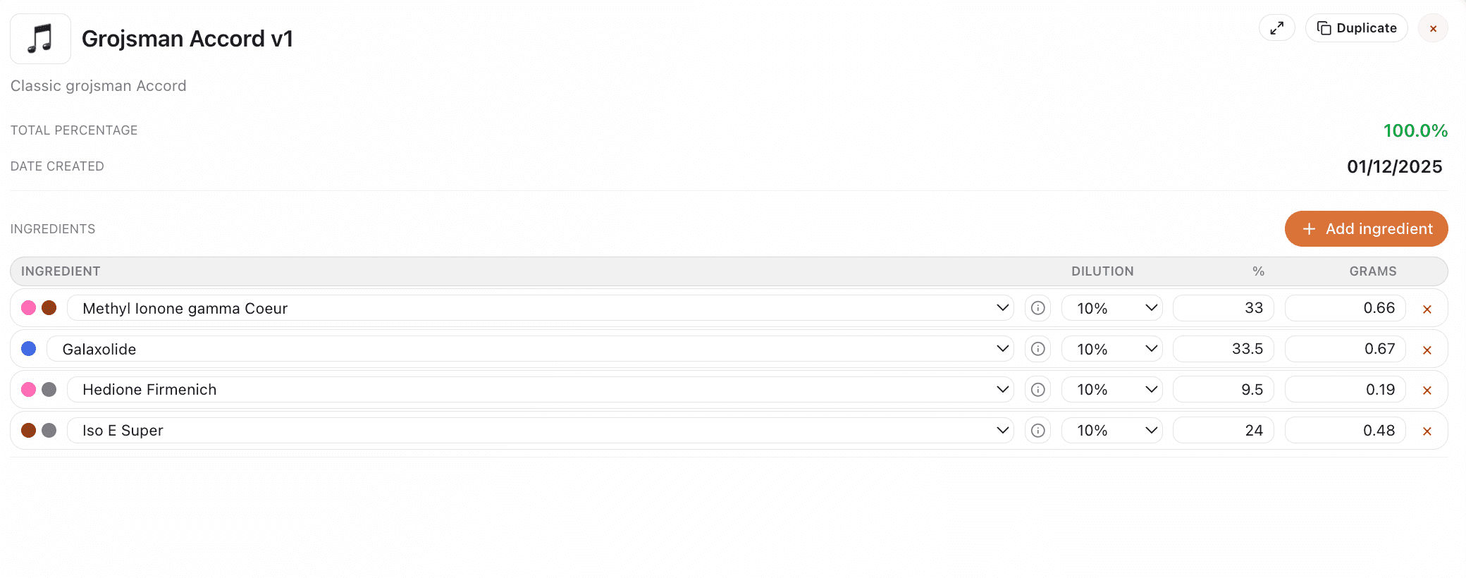Build Accords in Perfume Workbench perfume formulation software - Create reusable accords and add them to formulas in one click.