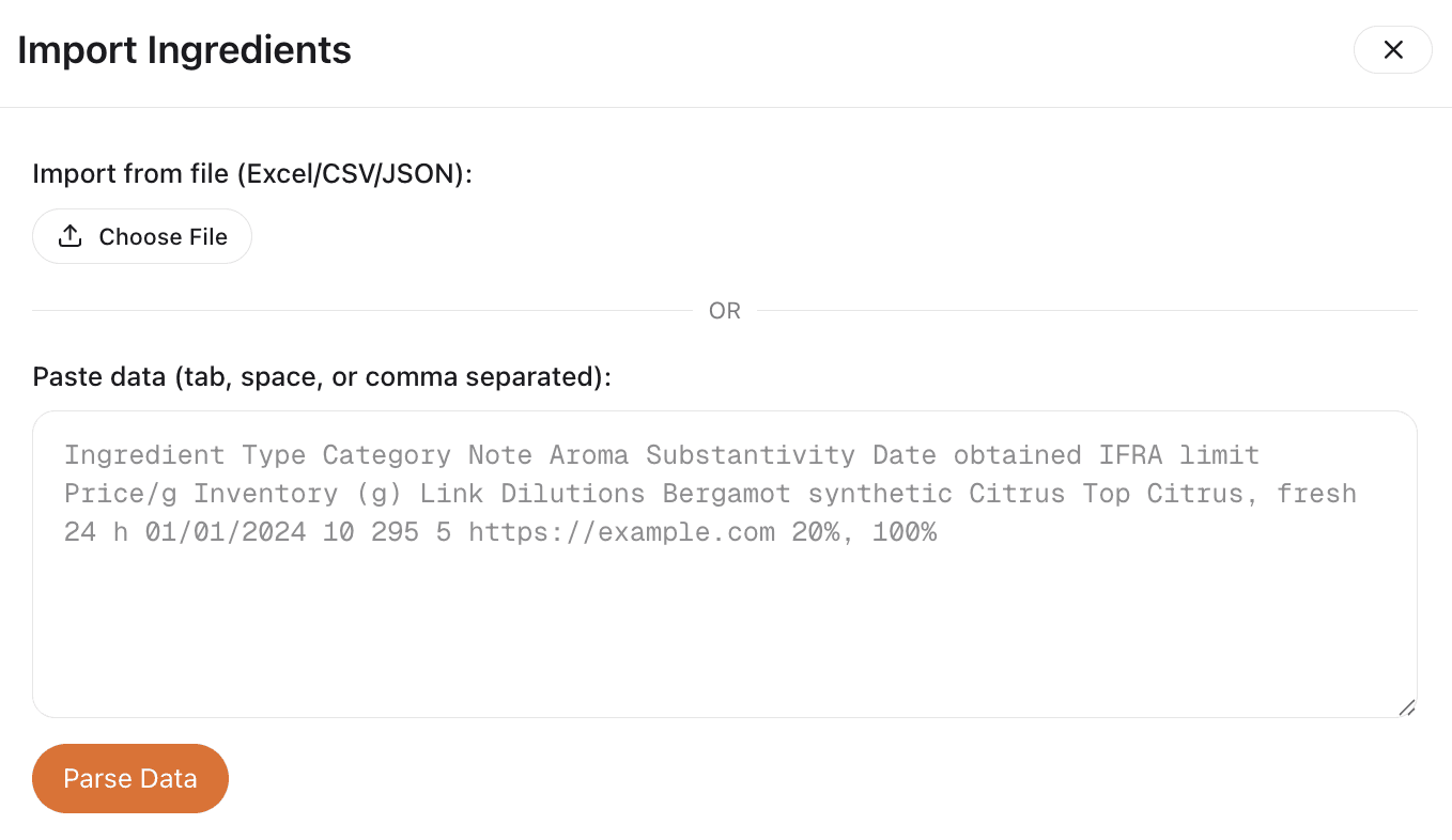 CSV import dialog showing column mapping