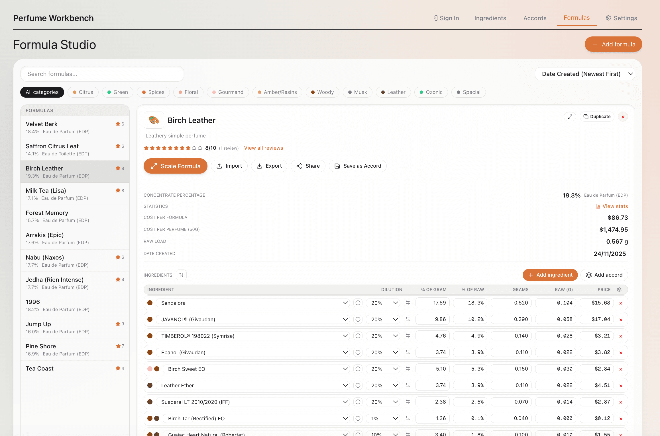 Perfume Workbench main interface showing perfume formulation tools, ingredient library, and formula calculator for professional perfumers